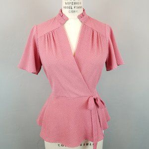 Monteau Women's Size Medium Lipstick Pink Polka Dot Faux Wrap Top with Tie